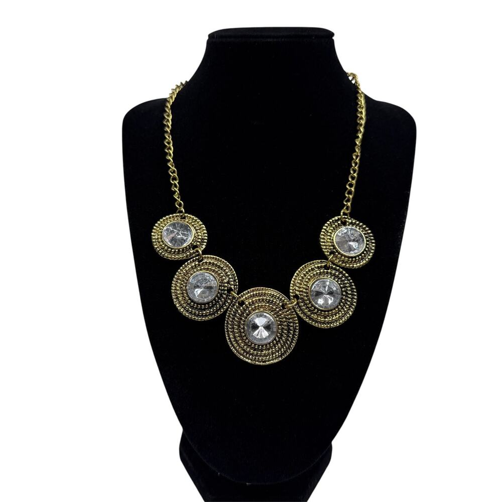 Gold Tone Clear Crystal Rhinestone Statement Bib Choker Necklace Jewelry 17 in